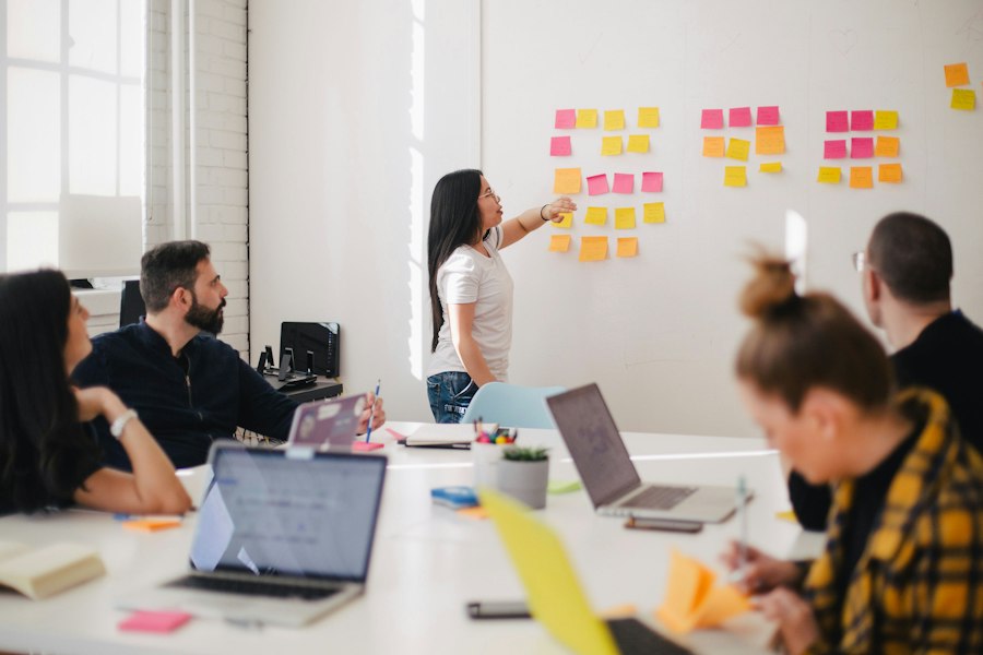Team planning a software project at a whiteboard